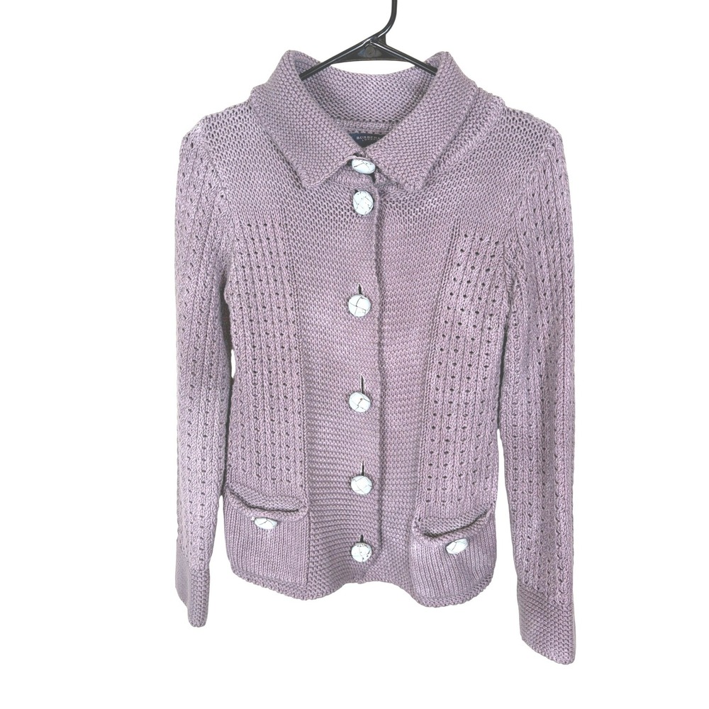 Vintage Burberry Cotton Tailored  Knit Cardigan Lavender Button Front Small‎